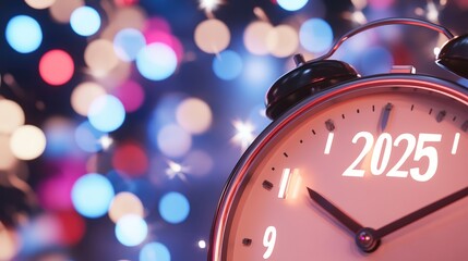 A clock striking midnight, signaling the arrival of the year 2025 amidst festive bokeh lights.