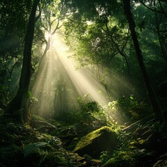 Obraz premium sunlight streaming through a lush green forest