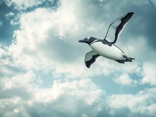 a penguin soaring through a cloudy sky