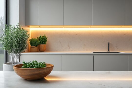 A sleek minimalist kitchen showcases all-white cabinetry and countertops complemented by subtle lighting. Fresh herbs in wooden bowls add a touch of nature, enhancing the serene atmosphere