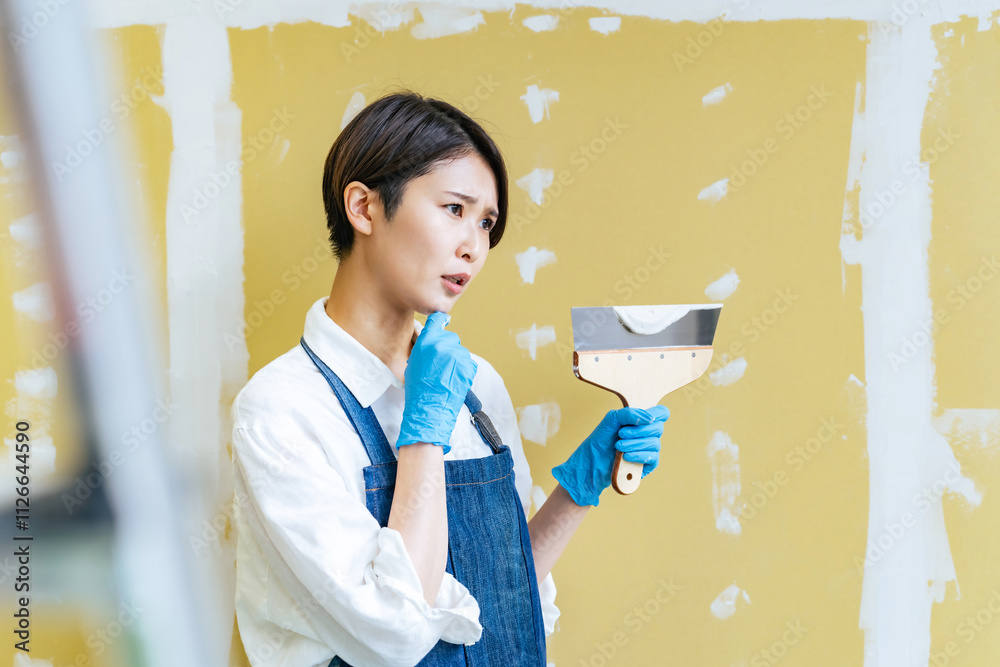 Poster DIY、内装、リフォーム、パテ、考える、疑問、不安、失敗、心配、困る、悩み、悩む、女性、日本人、壁面、壁紙、塗装、ペンキ、ペイント、コテ、道具、ツール、ホームセンター、エプロン、仕事、作業、検討、石膏ボード、住宅、建築、アトリエ、主婦、自作、コーキング、サーフェイサー、店舗、自営業、設計、インテリア、リノベーション、リノベ、経営、若い、スタッフ、アルバイト、室内、シリアス、改装、迷う、人物
