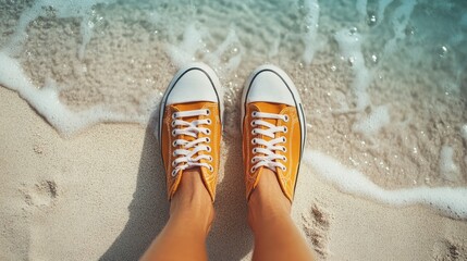 Naklejka premium Yellow canvas shoes on sandy beach with waves.