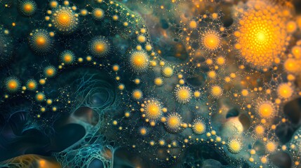 Virus cells glow like liquid glass, their surfaces reflecting light into intricate, fractal patterns under the biological microscope.