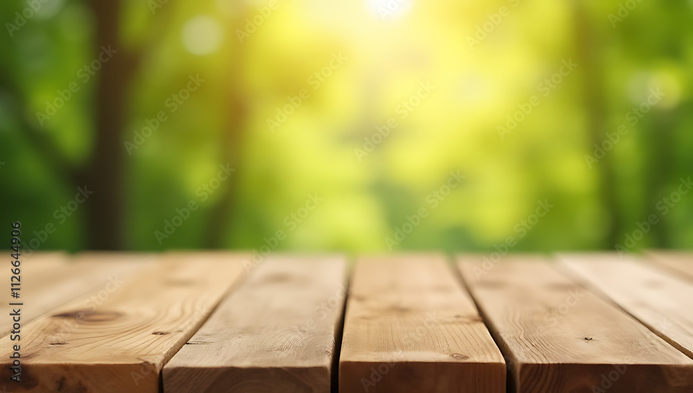 Poster A real wood tabletop with a blurred leaf tree background can be used for creating product displays and key visuals._00001_