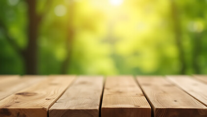 Fototapeta premium A real wood tabletop with a blurred leaf tree background can be used for creating product displays and key visuals._00001_