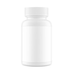 Plastic packer pill bottle mockup with child resistant cap and label for treats, vitamins, supplements isolated on white background. Vector illustration. ready for your design. EPS10.