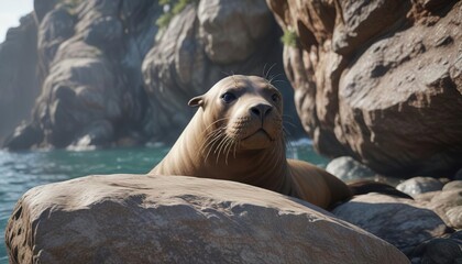 Obraz premium A sea lion is peeking out from behind a large rock , seaside, natural environment