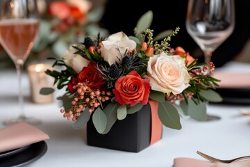Obraz premium galentines day celebration, women friends exchanging gifts at a beautifully set galentines day brunch table, adorned with a vibrant floral centerpiece