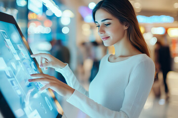 woman interacts with touchscreen kiosk in brightly lit shopping mall, showcasing modern technology and convenience in retail environment