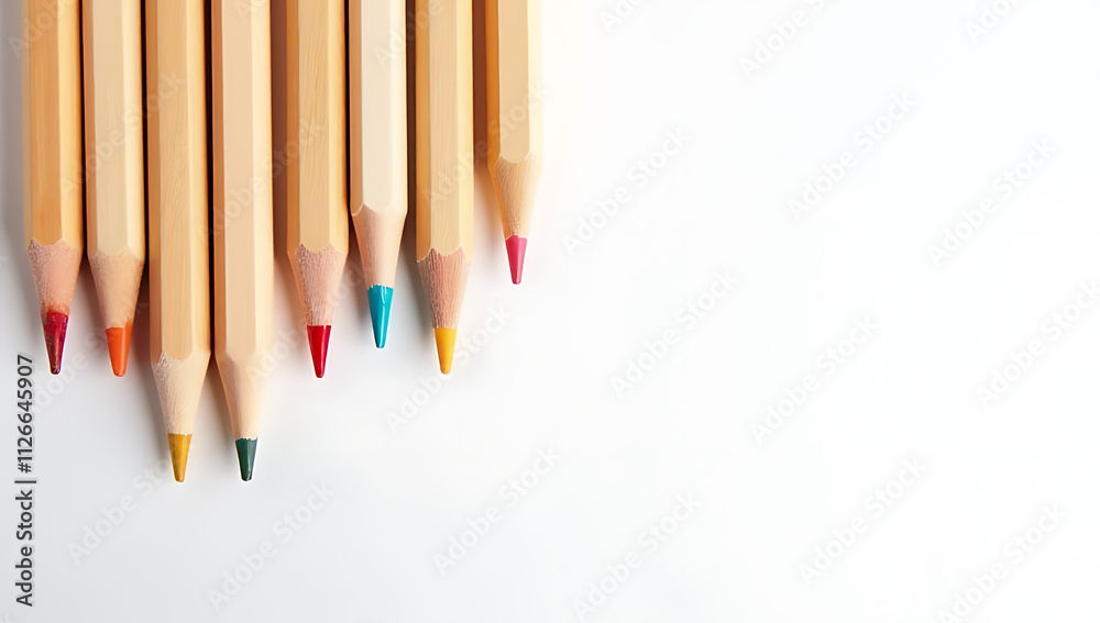 Poster A set of wooden pencils is arranged by color on a clean white surface to demonstrate artistic creativity and learning._00001_