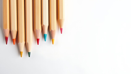 Obraz premium A set of wooden pencils is arranged by color on a clean white surface to demonstrate artistic creativity and learning._00001_
