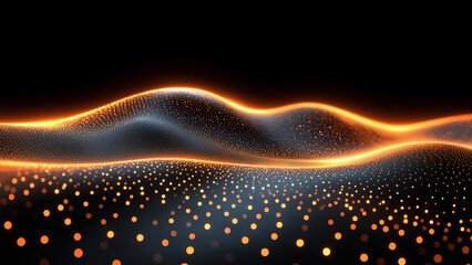 Futuristic wave made of glowing orange dots on a deep black background. The wave is adorned with shimmering golden particles that float around, creating a sense of movement and depth.