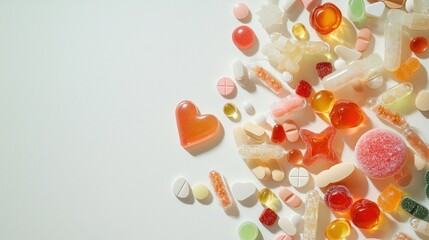 Vibrant Collection of Colorful Gummies, Chewy Candies, and Soft Tablets Arranged Aesthetically on White Background for Health and Wellness Concepts