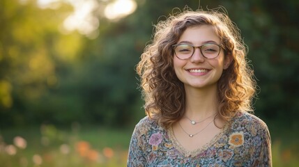 smiling person in nature with curly hair and glasses