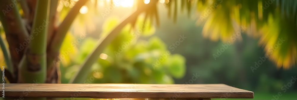 Aufkleber A simple wooden table sits atop a blurred coconut tree in a serene garden setting under warm sunlight._00001_