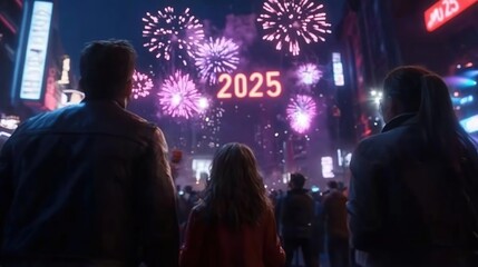 Obraz premium A crowd celebrates New Year's Eve 2025 with fireworks in a vibrant cityscape.