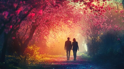 Fototapeta premium Couple walking hand-in-hand through a magical, blossoming tree tunnel.