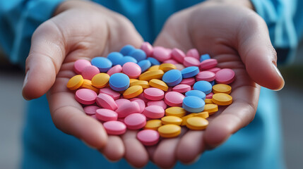 A Handful of Hope: Colorful pills in hands 