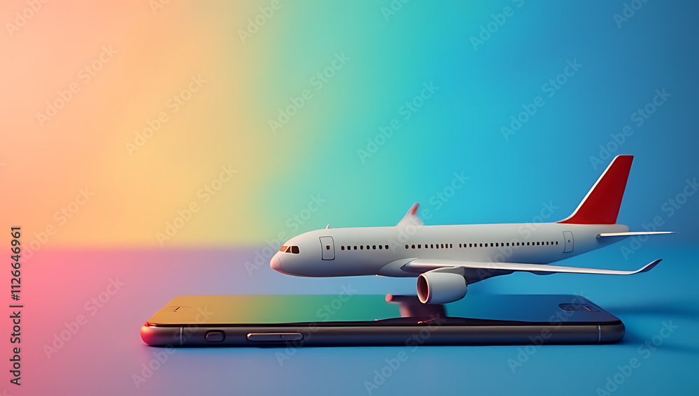 Poster A smartphone and an airplane are placed against a vibrant colorful background for a visually appealing image._00002_