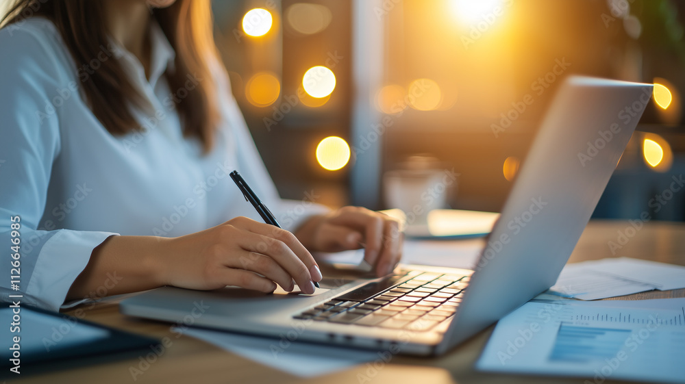 Poster woman working on laptop in modern office, writing notes on paper while sunlight streams through wind