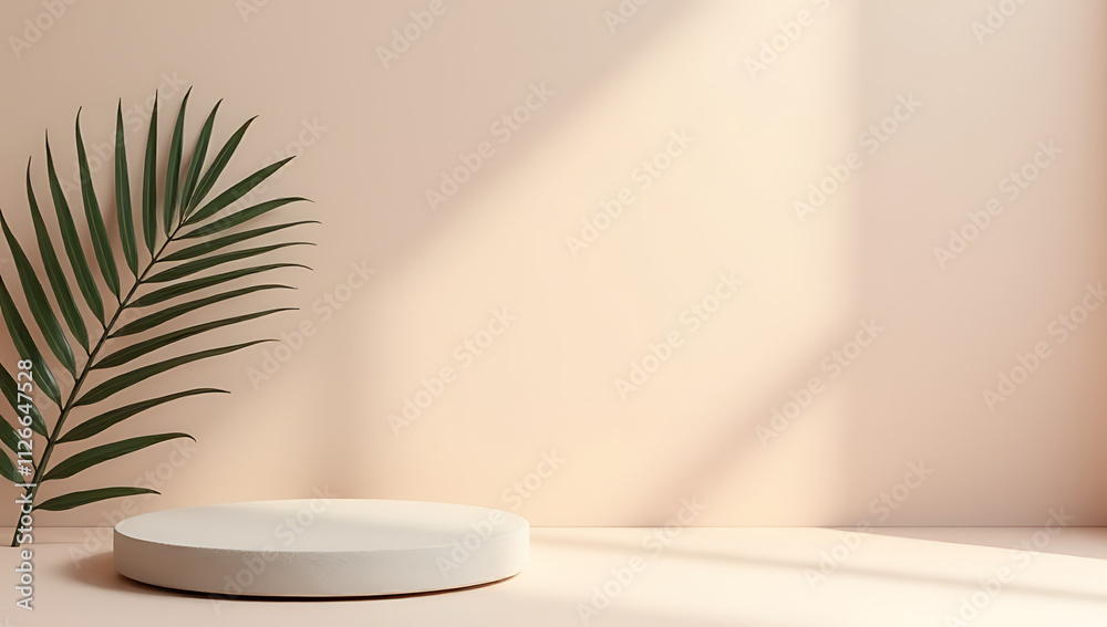 Poster a unique sandstone top product display platform features a delicate leaf in a tropical design on a s