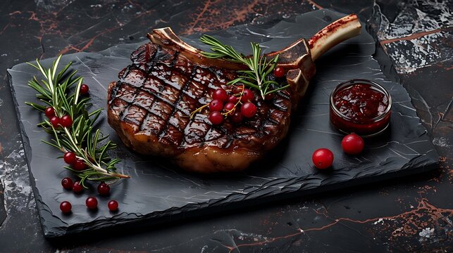 Ribeye bones with pure huck finn sauce atop a redberry studded limestone surface