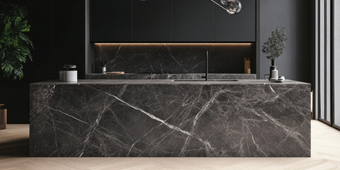 Kitchen island with natural stone marble countertop in kitchen room interior design