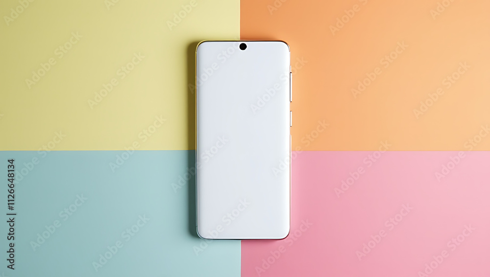 Aufkleber A white smartphone sits on a colorful background in a flat lay setup with a minimalist aesthetic surrounding it._00002_