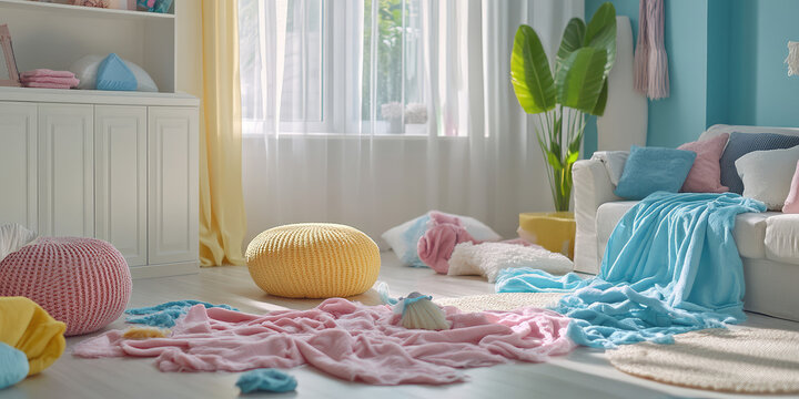 Living room interior with clutter. Scattered things, stains, cleaning service