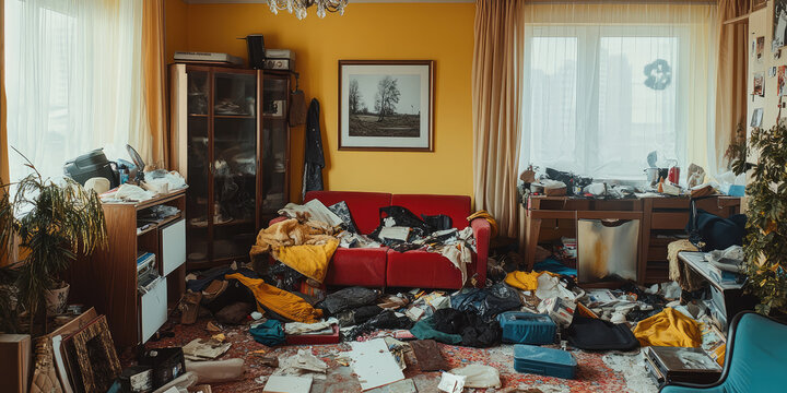 Living room interior with clutter. Scattered things, stains, cleaning service
