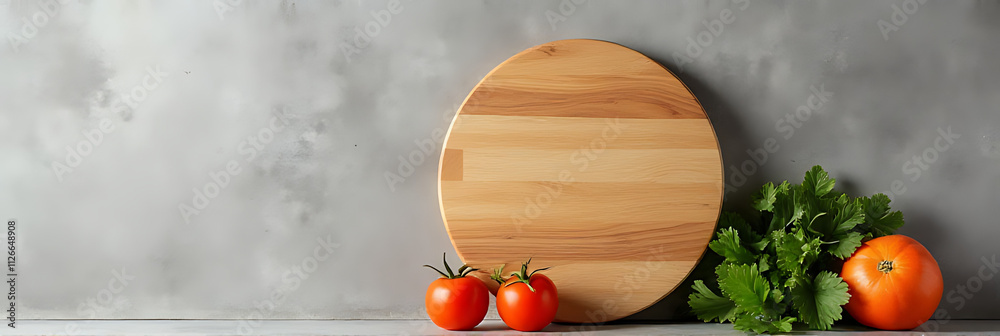 Poster a wood cutting board is placed atop a cement wall with an empty space beside it in a product display