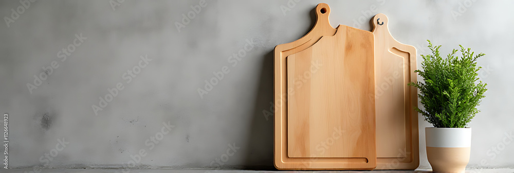 Poster a wood cutting board is placed atop a cement wall with an empty space beside it in a product display