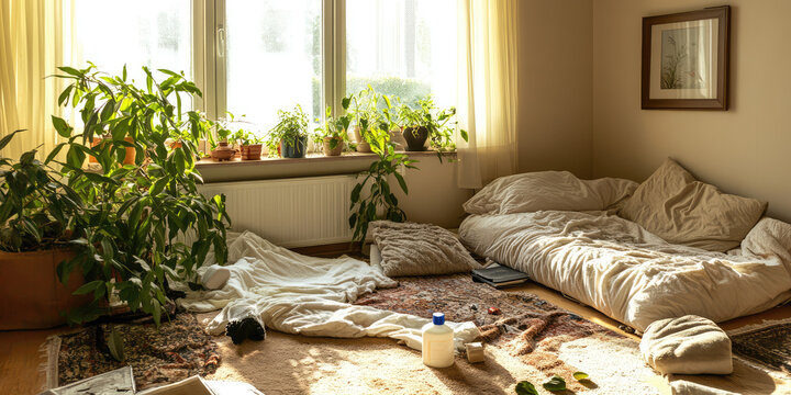 Living room interior with clutter. Scattered things, stains, cleaning service
