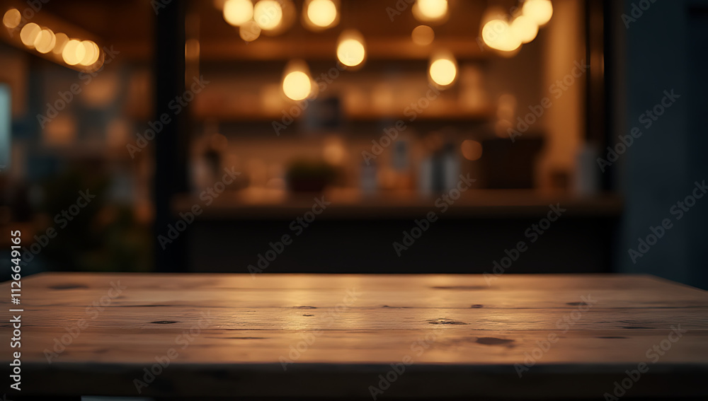 Poster a wood table top is placed against a dark night background with blurred cafe and a golden bokeh effe