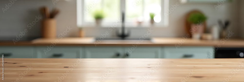 Poster a wood table top is positioned somewhat obscuring part of a blurred kitchen background with surround
