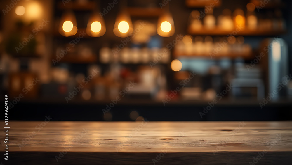 Aufkleber A wood table top is placed against a dark night background with blurred cafe and a golden bokeh effect for key visual product display._00002_