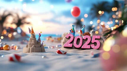 A festive beach scene celebrating the year 2025 with colorful decorations and a sandcastle.
