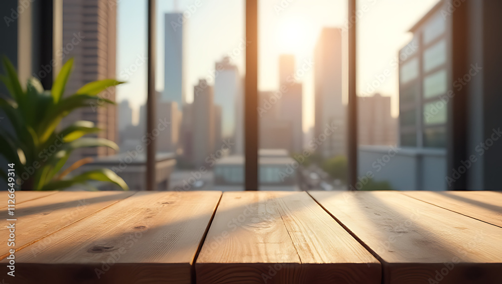 Aufkleber A wood table top with a blurred city view is ideal for showcasing products in a visually appealing layout._00001_
