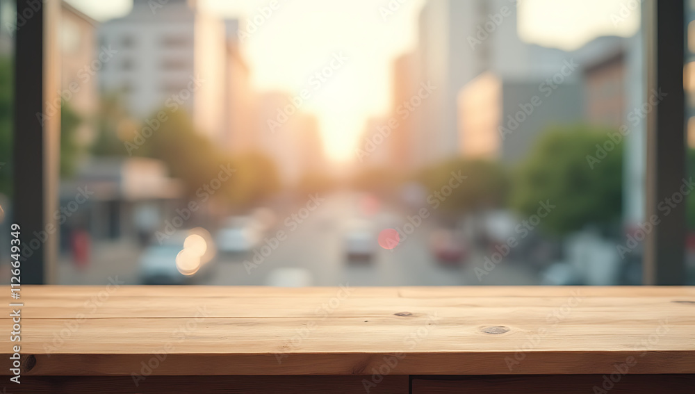 Poster a wood table top with a blurred city view is ideal for showcasing products in a visually appealing l