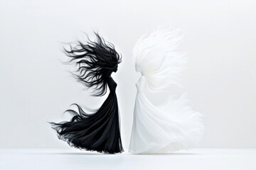 Fototapeta premium Two elegant figures stand facing each other, one adorned in black and the other in white. Their flowing dresses and windswept hair create a striking visual contrast against a minimalist backdrop