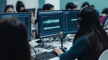 University students collaborating in a modern computer lab, developing voice recognition software with advanced audio wave analysis on monitors, using headphones and microphones.