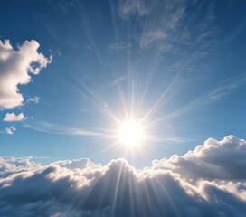A solitary ray of sunlight pierces through a layer of thin clouds in the clear blue sky, optical effects, blue sky, thin clouds