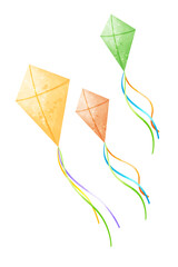 Green, orange and yellow kites. Vector watercolor illustration