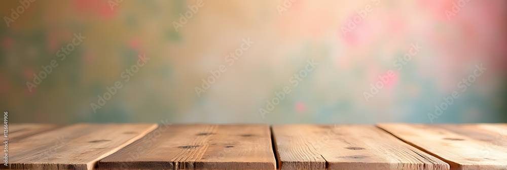 Poster A wooden table top is placed against a colorful background with a simple and elegant design._00002_