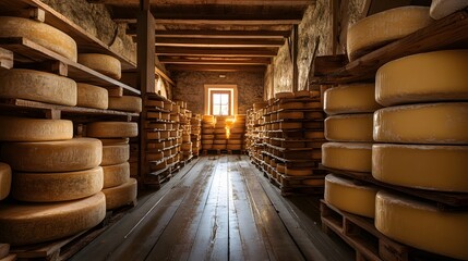 Aged Cheese Wheels Stacked In A Rustic Cellar