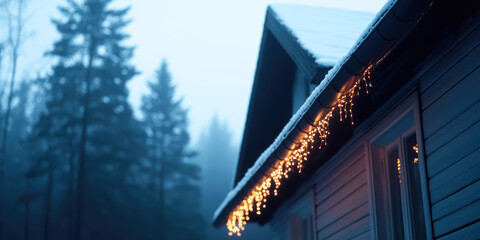 New Year illumination of a country private house. Evening exterior of the house with garlands glowing holiday lights