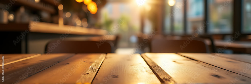 Poster A wooden table with a blurred light effect provides an artistic backdrop for cafes and restaurants with its unique texture and ambiance._00001_