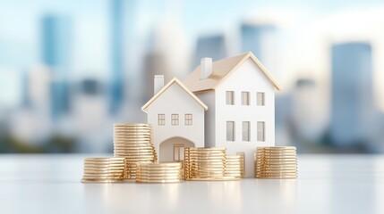 A model house surrounded by stacks of coins, symbolizing real estate investment and financial growth.