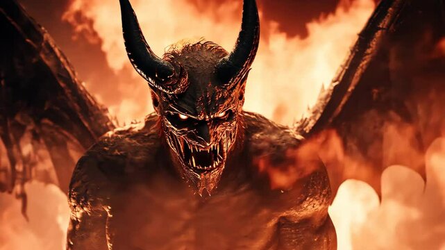 Evil demon with horns, sharp teeth, wings looks at camera burns in hell. Portrait of devil in flesh. Red fire flames background. Scary dangerous monster Satan. Angry fallen angel. Satanism lucifer.
