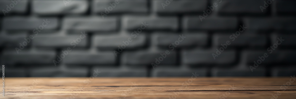Poster a wooden tabletop is centered on a dark grey brick wall providing a subtle background for a selectiv